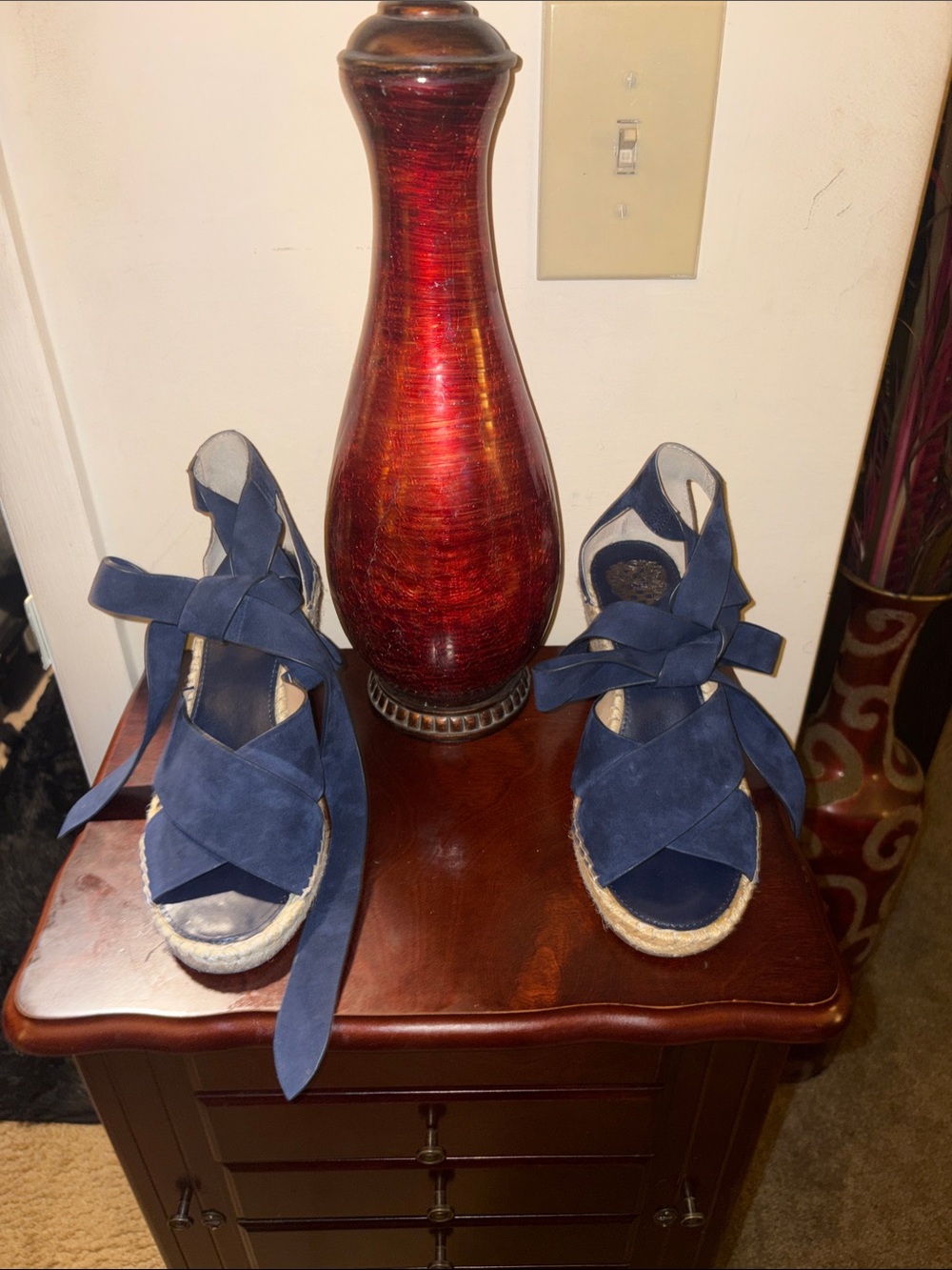 Vince Camuto Navy Suede Espadrille Wedge Sandals with Ankle Wraps